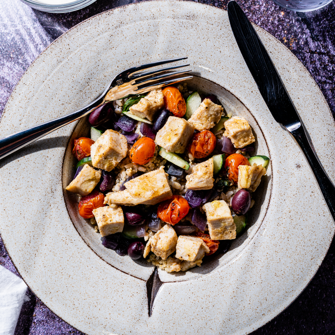 Chef Rosendale's NYC Street Cart-Inspired Mediterranean Grain Bowl with Grilled Chicken